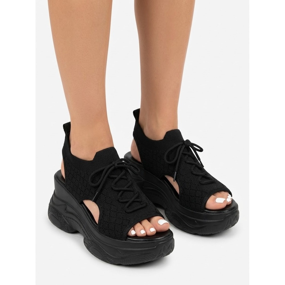 Black Knit Platform Sandals Chunky Sneaker Wedge Open Toe Slingback Lace Up